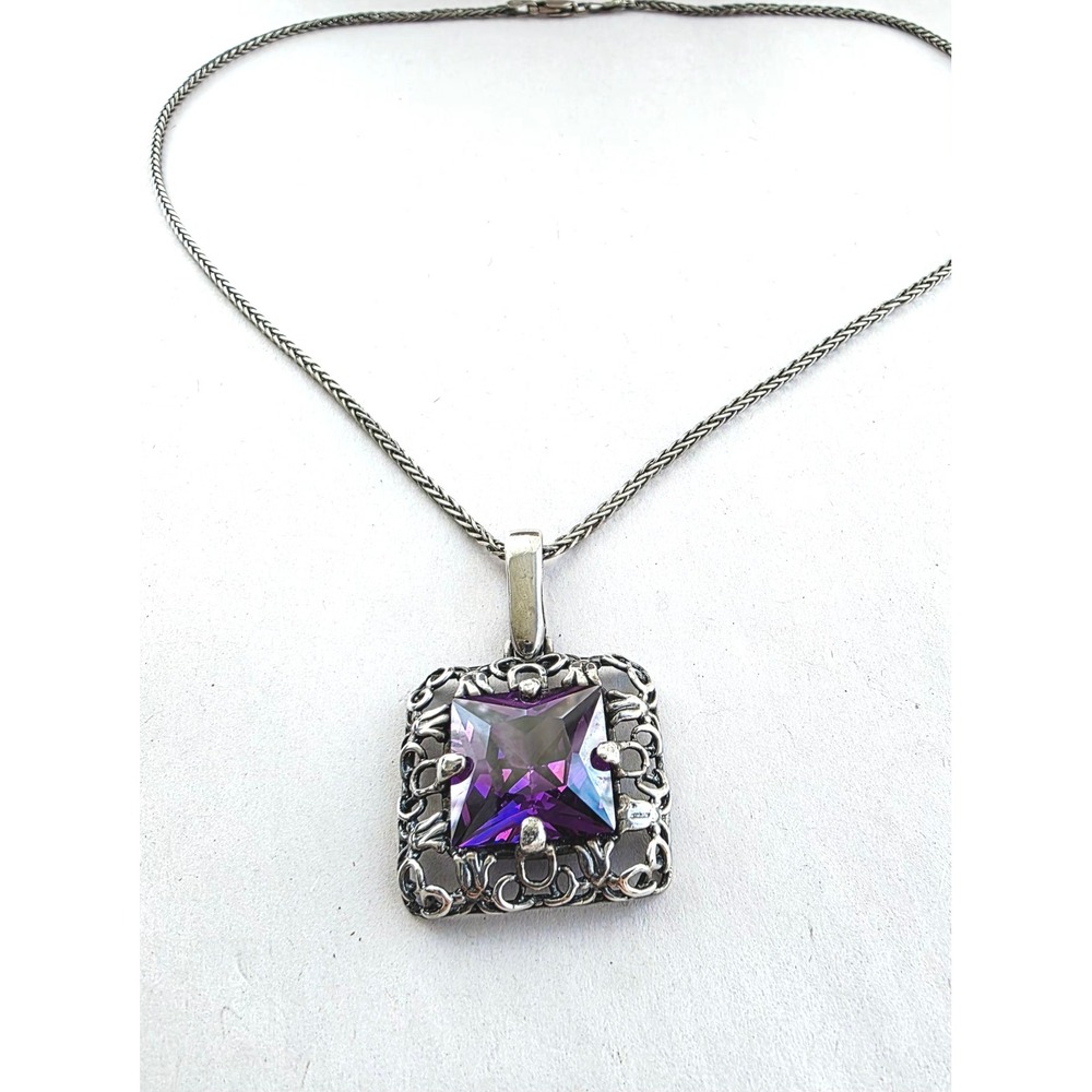 925 Sterling Silver Italy Wheat Chain Purple Amethyst Filigree Square Necklace